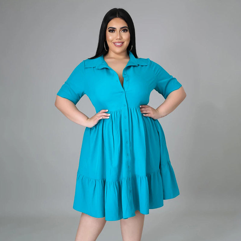 Plus Size Women Summer Casual Solid Color Short Sleeves Single-breasted Ruffled Shirt Dress