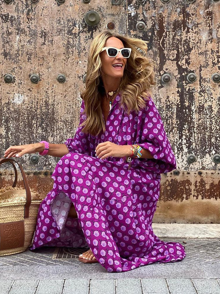 Boho Maxi Smock Dress for Women - Tiered Floral V Neck Lantern Sleeve Long Dress - Summer Beach Holiday 2026
