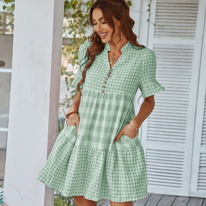 Vestido mini de verano para mujer, elegante, holgado, con volantes y cuello en V, manga corta, informal, con bloques de color