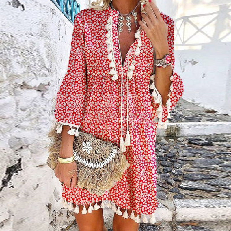 Women Vintage V Neck Tassel Elegant Floral Print Short Sleeve Mini Summer Casual Beach Dress
