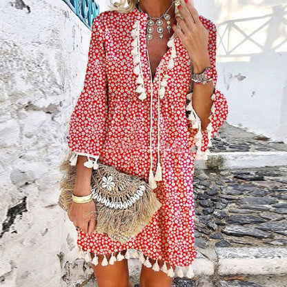 Women Vintage V Neck Tassel Elegant Floral Print Short Sleeve Mini Summer Casual Beach Dress