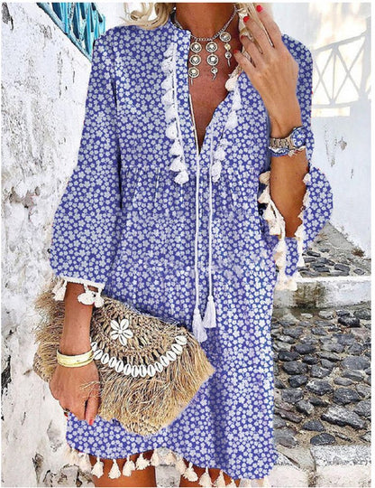 Women Vintage V Neck Tassel Elegant Floral Print Short Sleeve Mini Summer Casual Beach Dress