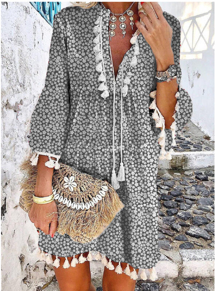 Women Vintage V Neck Tassel Elegant Floral Print Short Sleeve Mini Summer Casual Beach Dress
