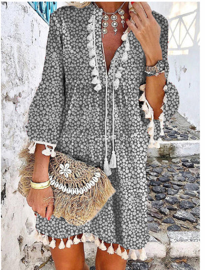 Women Vintage V Neck Tassel Elegant Floral Print Short Sleeve Mini Summer Casual Beach Dress