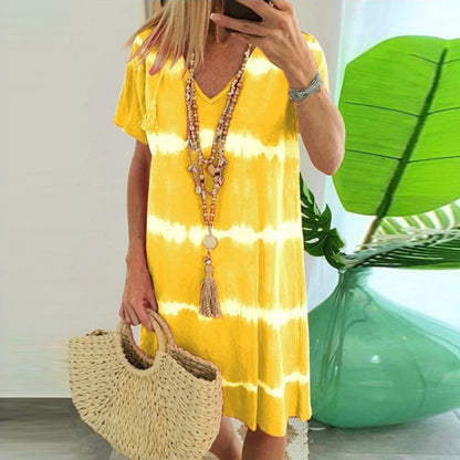 Women Casual Tie Dye Short Sleeve Summer V Neck Loose Bohemian Beach Dress