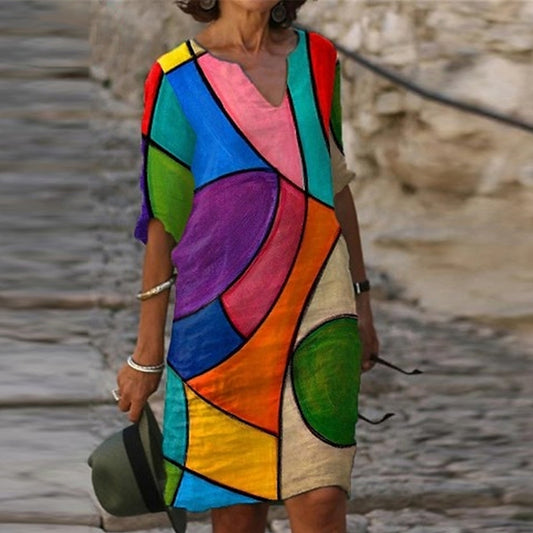 Spring Women Elegant V Neck Vintage Color Blocking Casual Dress