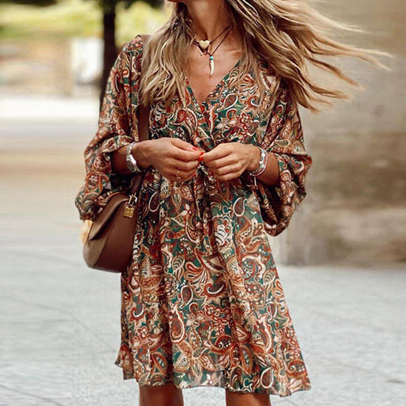 Women Elegant V Neck Vintage Bohemian Printed Casual Loose Waist Long Sleeve A Line Mini Summer Dress