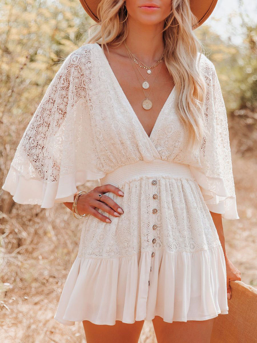 Boho Lace Eyelet Mini Dress for Women - Bell Sleeve V Neck Backless Dress - Beach Resort Music Festival 2026