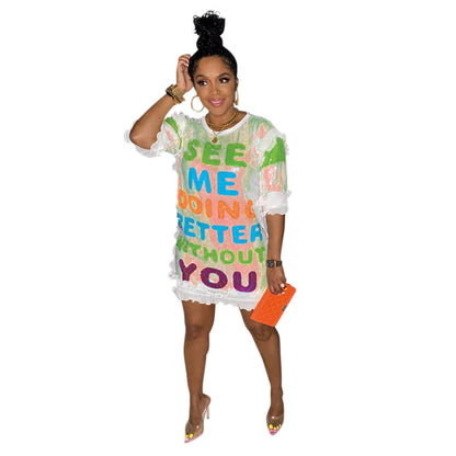 Women Casual Creative Letter Sequins Round Neck Short Sleeves Summer Dress