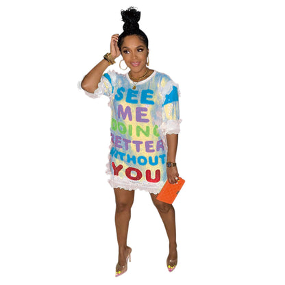 Women Casual Creative Letter Sequins Round Neck Short Sleeves Summer Dress