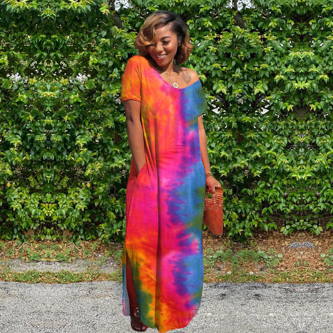 Women Casual Short Sleeves Tie Dye Fashion V Neck Loose Side-slit Maxi Dress