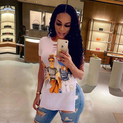 Fashion Women Edgy Casual Short Sleeves Graphic Print Side-slit Dress