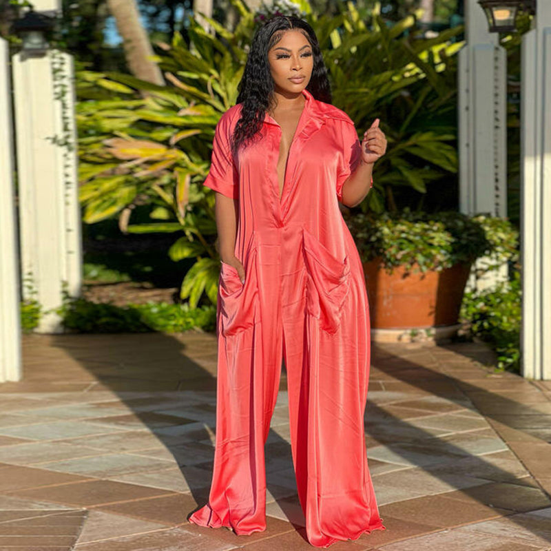 Women Casual Summer Elegant Short Sleeves Fashion Satin Solid Color Loose Jumpsuits