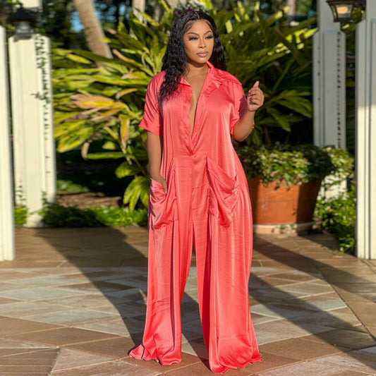 Women Casual Summer Elegant Short Sleeves Fashion Satin Solid Color Loose Jumpsuits