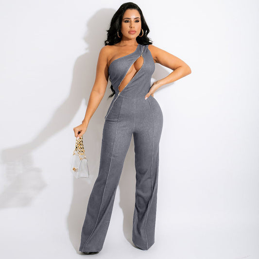 Women Elegant Night Out Fashion Casual Zipper Solid Color Sleevelsss Oblique Shoulder Jumpsuits