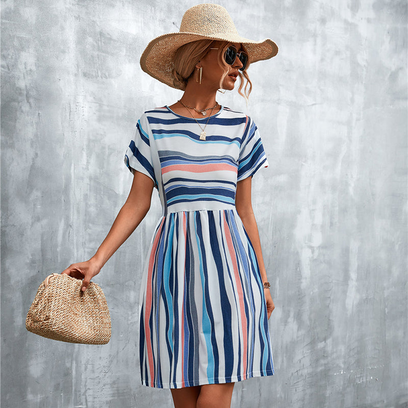 Summer Women Casual Elegant Stripe Print Color Blocking Dress