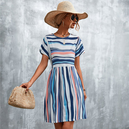 Summer Women Casual Elegant Stripe Print Color Blocking Dress