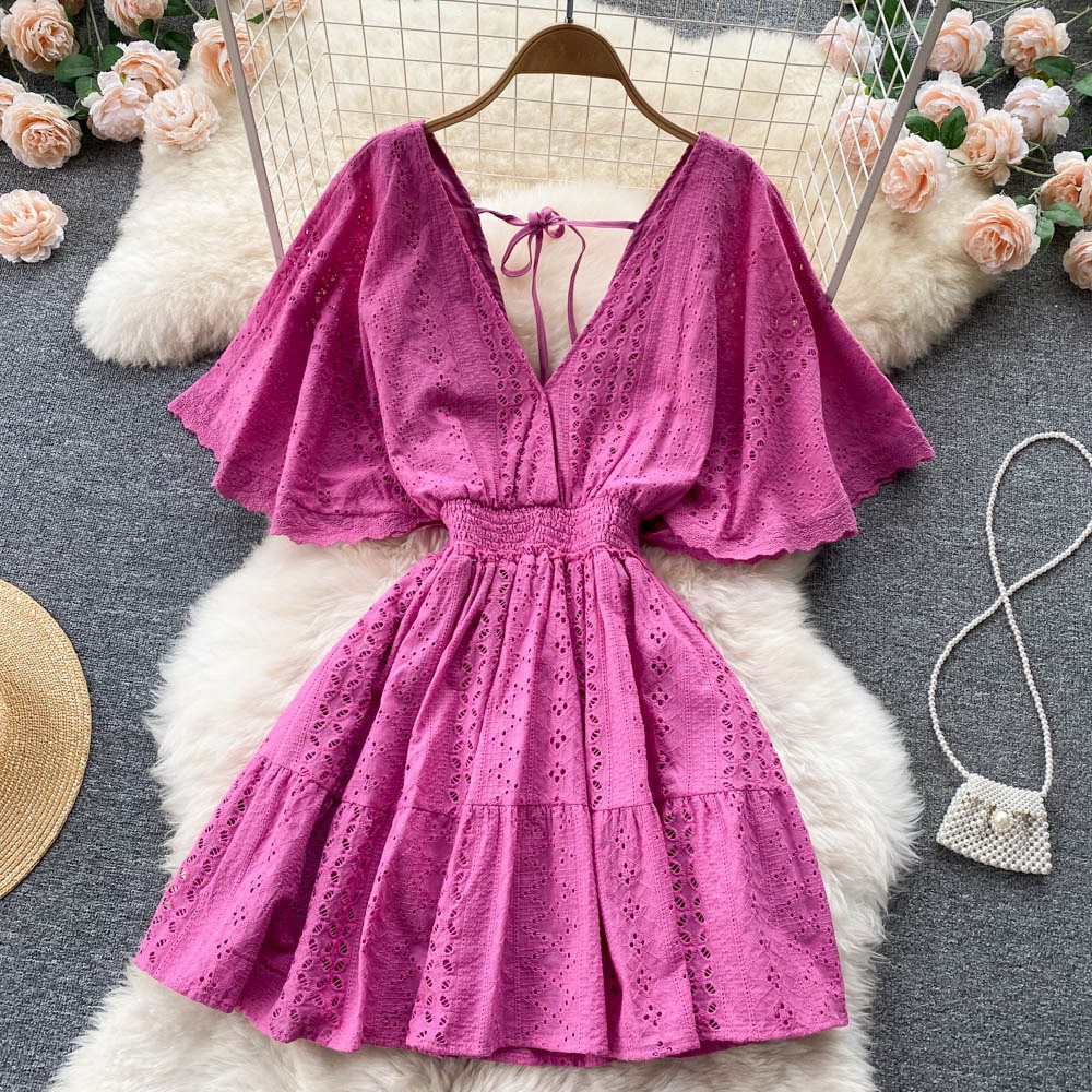 Women Elegant Solid Color Short Sleeves V Neck Ruffled Casual Dress