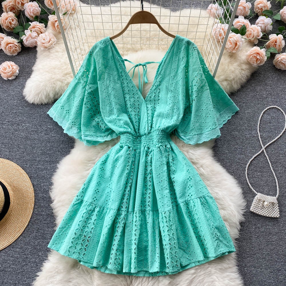 Women Elegant Solid Color Short Sleeves V Neck Ruffled Casual Dress