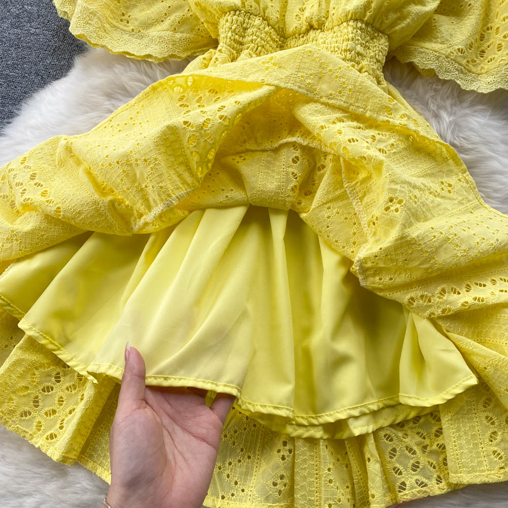 Women Elegant Solid Color Short Sleeves V Neck Ruffled Casual Dress