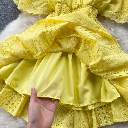 Women Elegant Solid Color Short Sleeves V Neck Ruffled Casual Dress