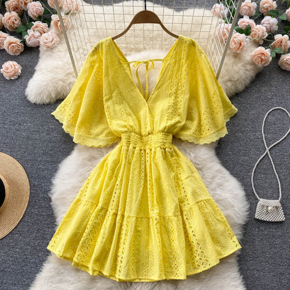 Women Elegant Solid Color Short Sleeves V Neck Ruffled Casual Dress
