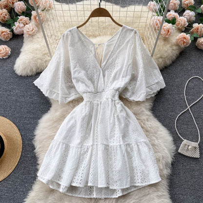 Women Elegant Solid Color Short Sleeves V Neck Ruffled Casual Dress
