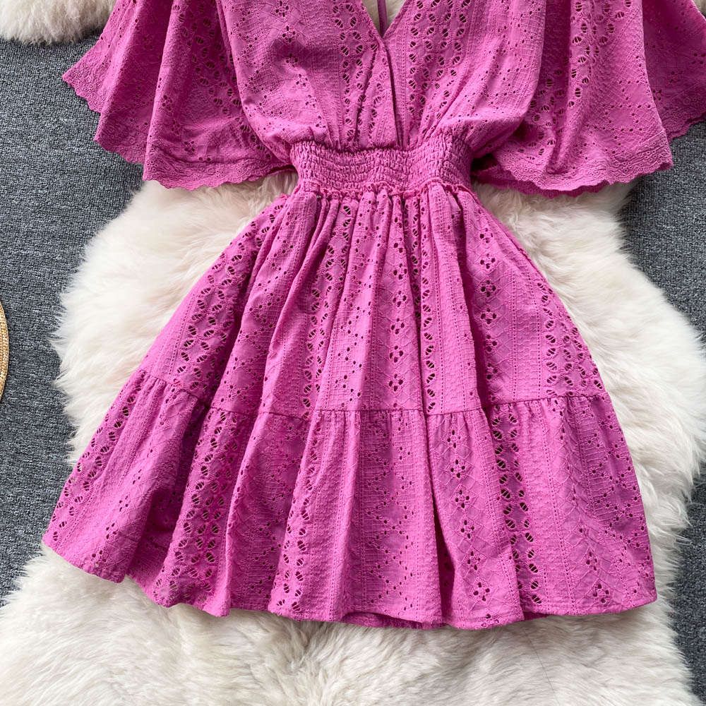 Women Elegant Solid Color Short Sleeves V Neck Ruffled Casual Dress