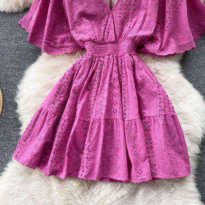 Women Elegant Solid Color Short Sleeves V Neck Ruffled Casual Dress