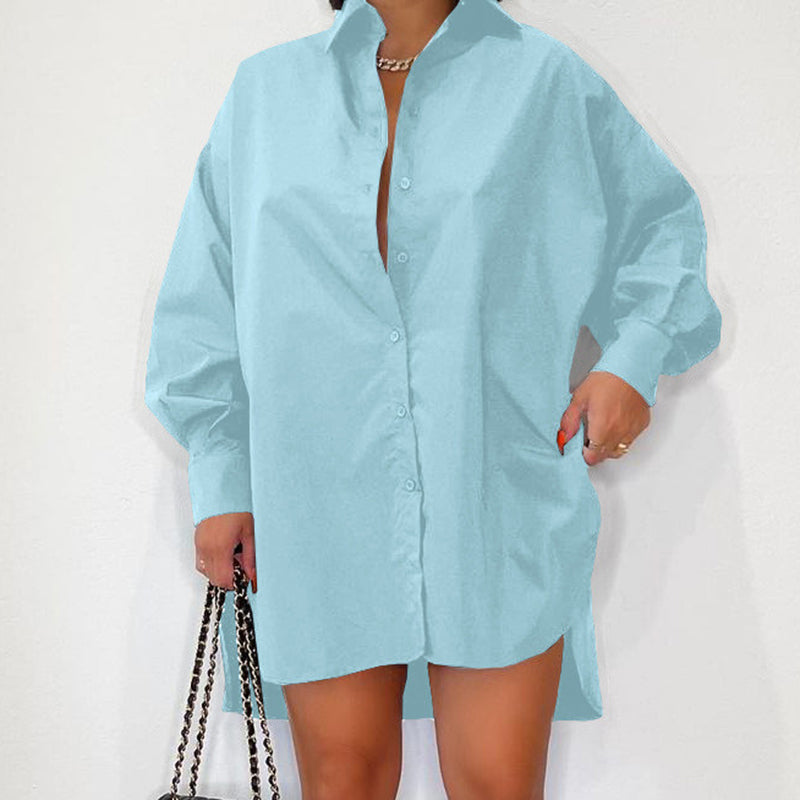Women Casual Basic Solid Color Sideslit Single-breasted Shirt Dress