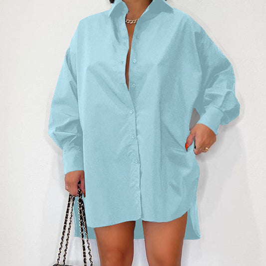 Women Casual Basic Solid Color Sideslit Single-breasted Shirt Dress
