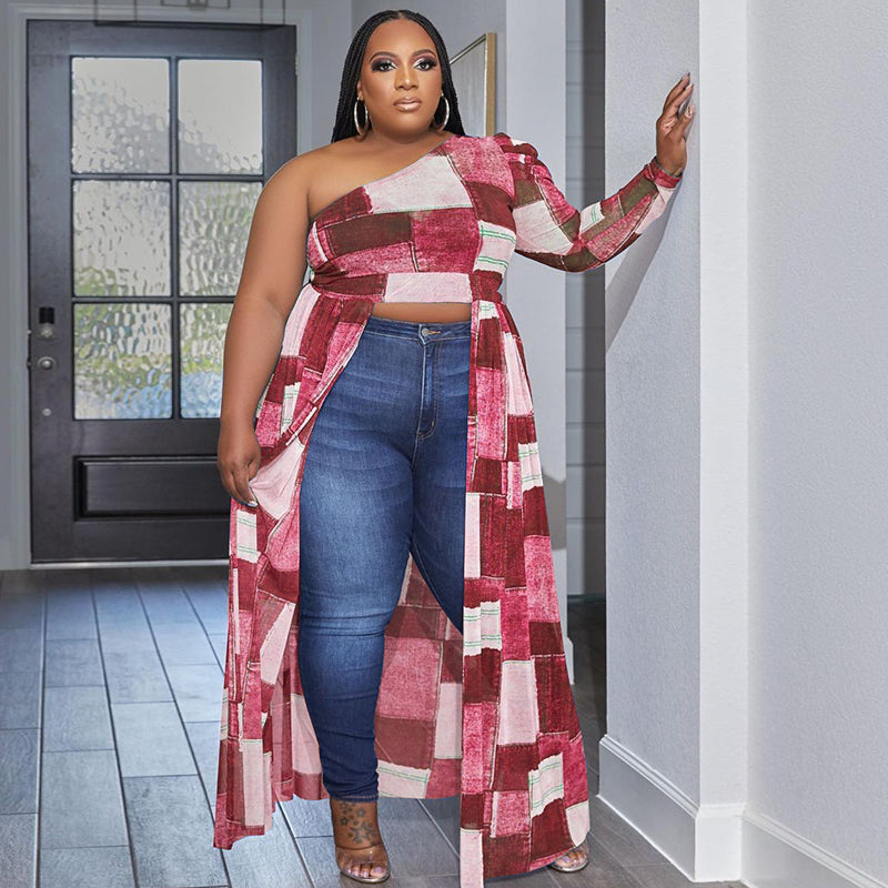 Plus Size Women Night Out Creative Color Blocking Fashion Casual Plaid Print Dress Irregular Top