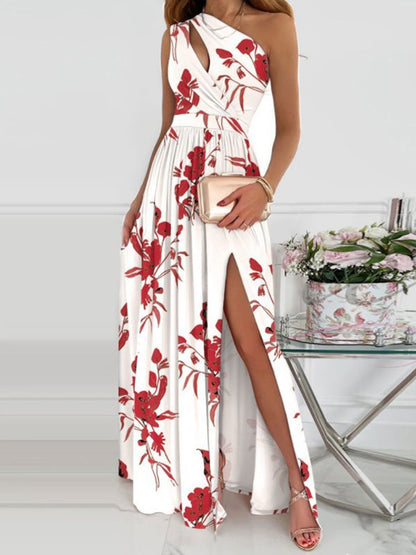 Printed Maxi Dress One-Shoulder Cutout High-Slit Prom Dresses