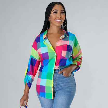Blusa informal de verano para mujer, con solapa y manga larga, estampada a cuadros, para oficina
