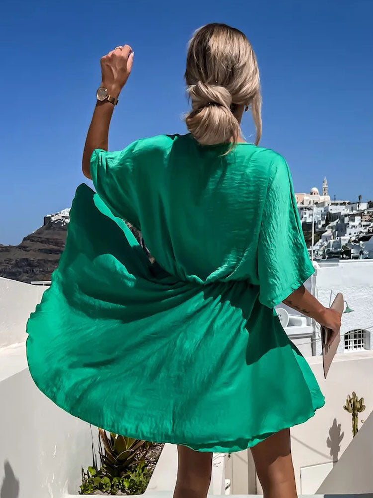 Satin Mini Dress for Women - Boho Wrap V Neck Short Sleeve Skater Dress - Summer Beach Party 2026