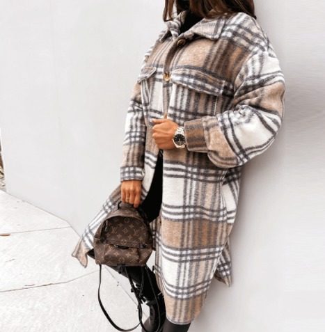 Abrigo de invierno para mujer, de manga larga, con solapa abotonada, informal, cálido, a cuadros, tipo chaqueta