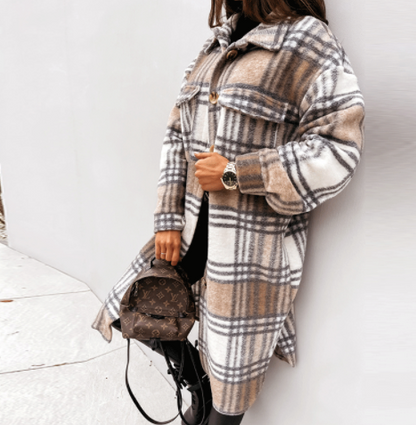 Abrigo de invierno para mujer, de manga larga, con solapa abotonada, informal, cálido, a cuadros, tipo chaqueta