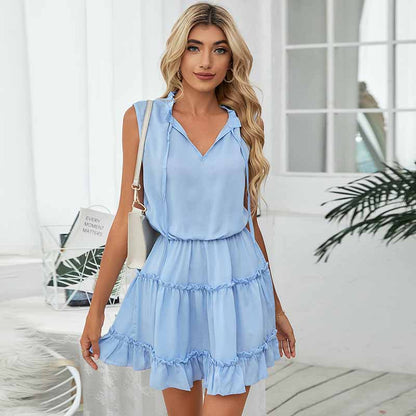 Women Solid Chiffon V-Neck Ruffled Defined Waist Sleeveless Vacation Casual Dress