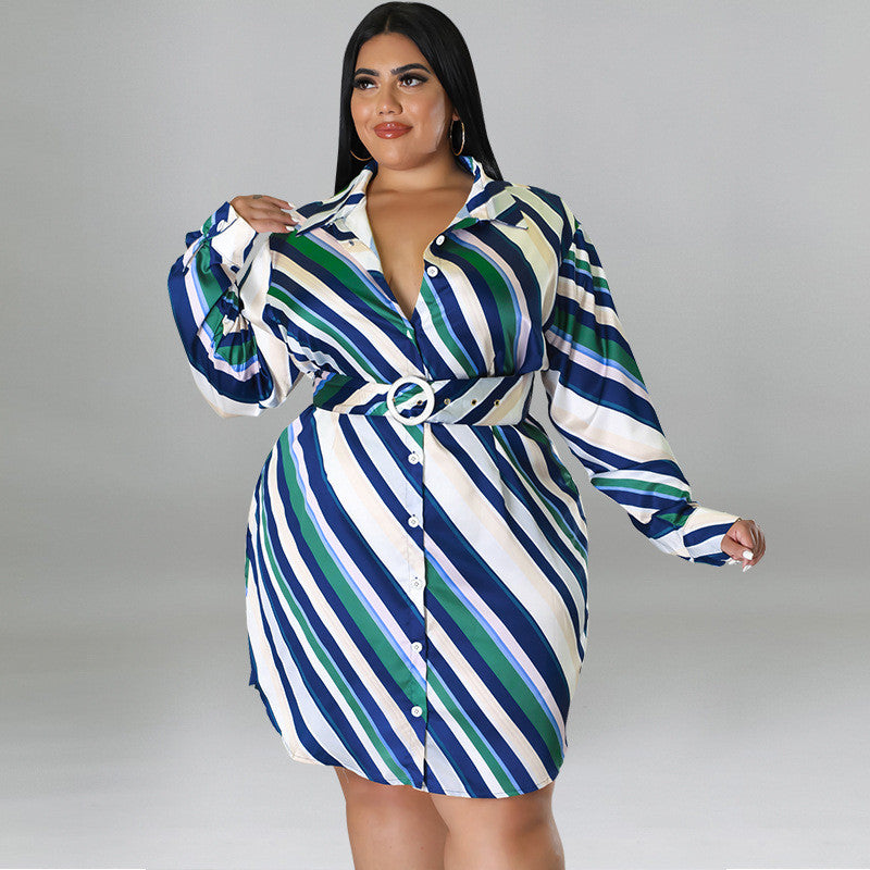 Plus Size Women Casual Autumn Long-Sleeved Diagonal Stripe Shirt Dress