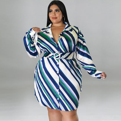 Plus Size Women Casual Autumn Long-Sleeved Diagonal Stripe Shirt Dress
