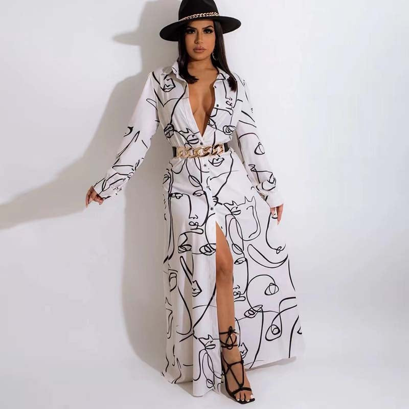 Vestido camisero informal holgado con estampado de rostro abstracto y manga larga de otoño