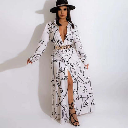 Vestido camisero informal holgado con estampado de rostro abstracto y manga larga de otoño