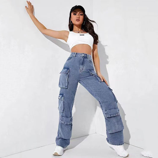 Pantalones vaqueros cargo casuales con múltiples bolsillos para mujer