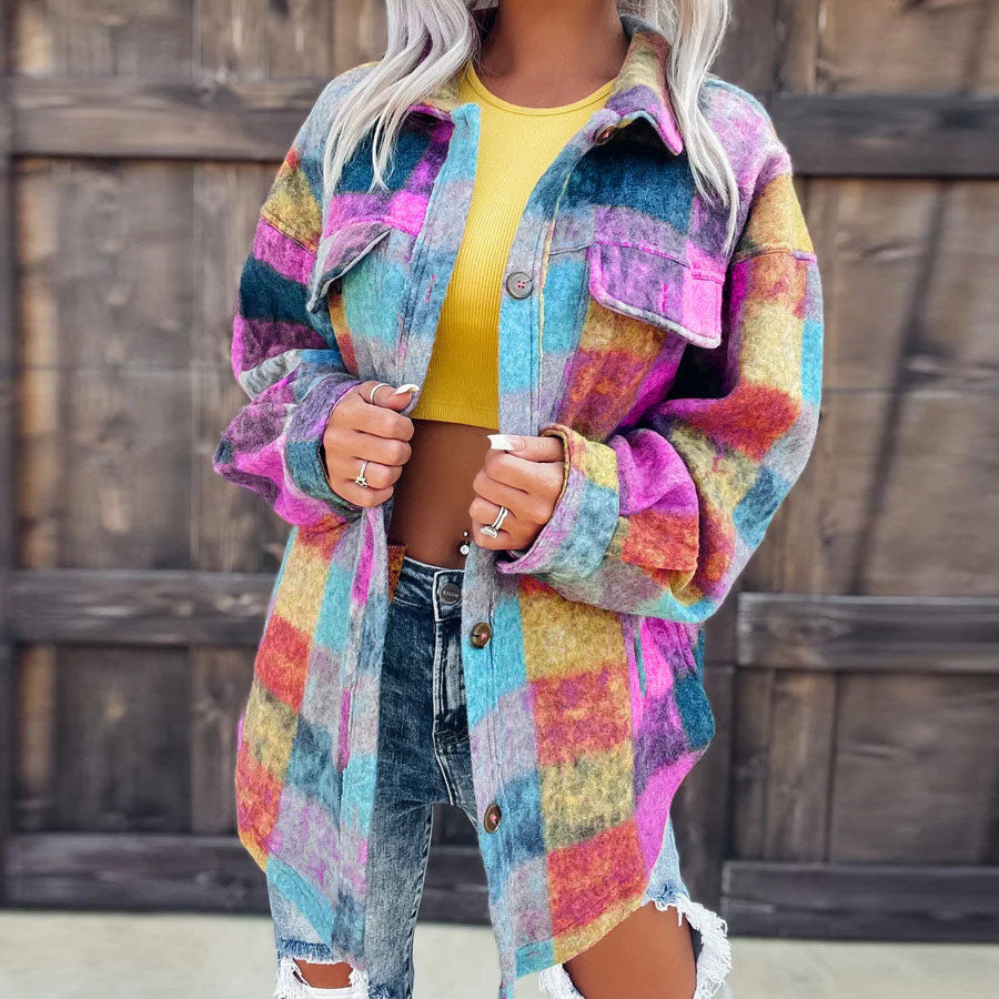 Autumn Winter Plaid Print Casual Fashion Lapel Long-Sleeved Coat Shacket