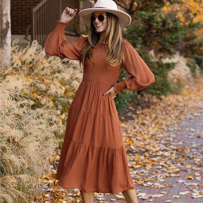 Vestido midi liso con mangas abullonadas y cuello redondo vintage informal para mujer de otoño e invierno