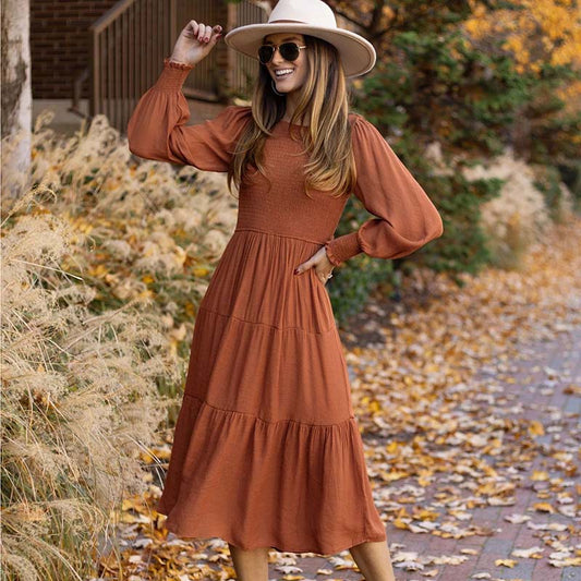 Vestido midi liso con mangas abullonadas y cuello redondo vintage informal para mujer de otoño e invierno