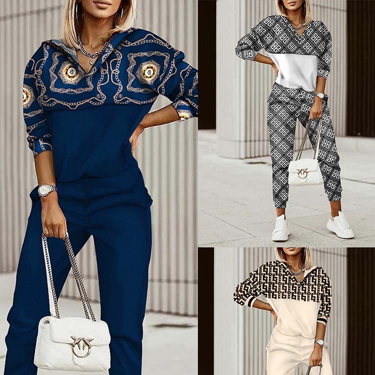 Conjunto informal de top y pantalón de manga larga con estampado geométrico colorido para mujer