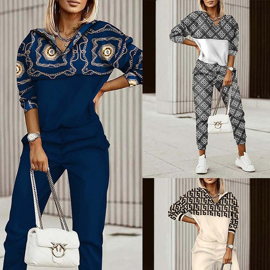 Conjunto informal de top y pantalón de manga larga con estampado geométrico colorido para mujer