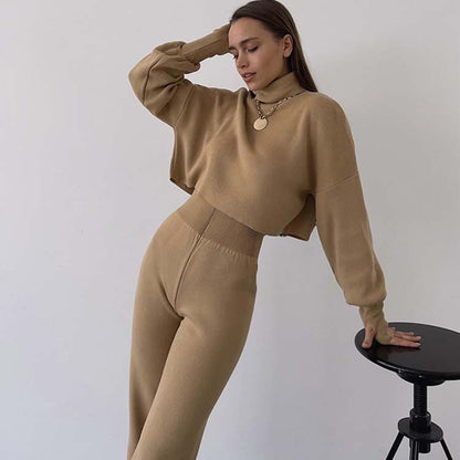Autumn Winter Women Turtleneck Loose Long-Sleeved Top Pants Casual Fashion Set