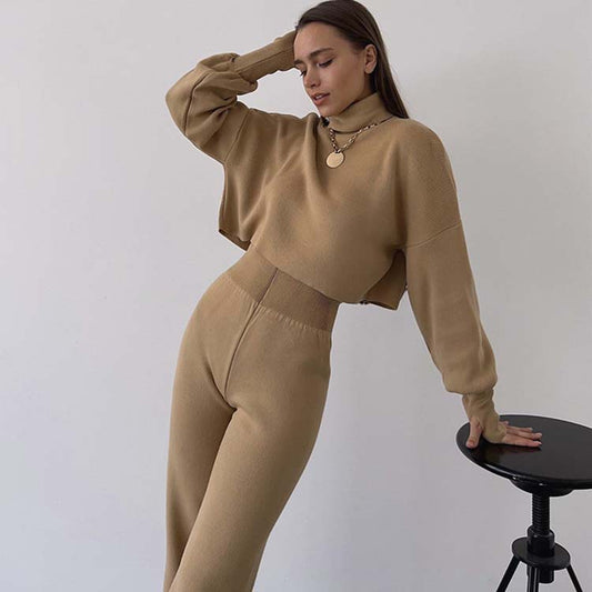 Autumn Winter Women Turtleneck Loose Long-Sleeved Top Pants Casual Fashion Set